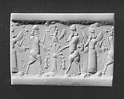 Cylinder seal and modern impression: bull-men flanking deity above sacred tree; winged deity holding horned animal heads