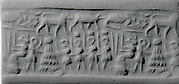 Cylinder seal and modern impression: seated goddess before figures carrying boxes, one placed on 