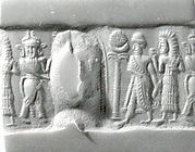 Cylinder seal and modern impression: partially nude and robed goddesses raising ankh symbols over a king; weather god