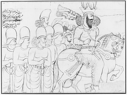 Drawing: Rock relief of Shapur I (r. A.D. 241-272) and members of his court at Naqsh-i Radjab, southern Iran