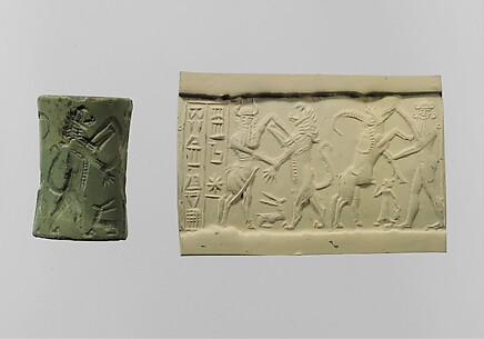 Cylinder seal:  bull-man combatting lion; nude hero combatting water buffalo; inscription