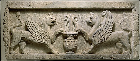 Door lintel with lion-griffins and vase with lotus leaf