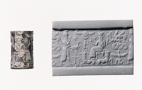 Cylinder seal: royal worshiper before a god on a throne with bulls' legs; human-headed bulls below