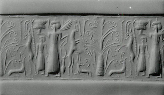 Cylinder seal: mistress of animals flanked by rampant horned animals