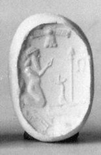 Stamp seal: worshiper kneeling before mushhushshu-dragon and standard