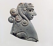 Furniture plaque: female sphinx with Hathor-style curls