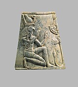 Plaque with falcon-headed Re wearing crown of Upper and Lower Egypt