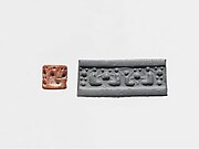 Cylinder seal: seated pigtailed figures and pots