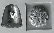 Conoid stamp seal: king mastering two rearing lion-griffins, star and reversed crescent with sun-disc