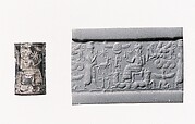 Cylinder seal: royal worshiper before a god on a throne with bulls' legs; human-headed bulls below