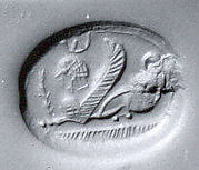 Scaraboid seal: seated sphinx wearing Egyptian-style crown
