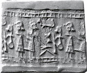 Cylinder seal and modern impression: figure seated at a table approached by two other figures