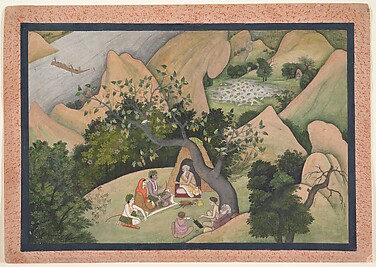 Rama, Sita, and Lakshmana at the Hermitage of Bharadvaja: Folio from a Ramayana Series