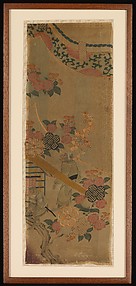 Piece from a Robe (Kosode) with Cherry Blossoms and Monkeys with Palanquin