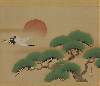 Crane and Pine Tree with Rising Sun