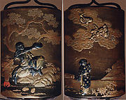 Case (Inrō) with Design of Magician Handaka Sonja Seated beneath Tree (obverse); Karako Pointing at Dragon in Sky (reverse)