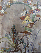 Piece from a Kosode with Pine, Bamboo, Blossoming Plum, and Partial Pavilion