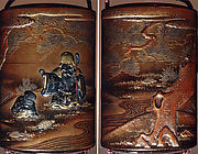 Case (Inrō) with Design of God of Longevity (Jurōjin) and a Small Boy with a Tortoise (obverse); Pine Tree by Stream (reverse)