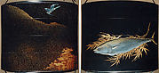 Case (Inrō) with Design of Flying Cuckoo in Flight above Pines (obverse); Bonito (Fish) on Bamboo Leaves (reverse)