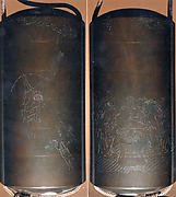 Case (Inrō) with Design of Persons with Mortar Making Mochi (obverse); Two Persons Shooting with Bow and Arrow (reverse)