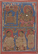 Vajra in His Cradle (top left) / Vajra Being Nursed by His Mother (top right) / The Nuns who Cared for Vajra (bottom); Page from a Dispersed Kalpa Sutra (Jain Book of Rituals)
