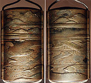 Case (Inrō) with Design of Persons Steering Wood Rafts on River in Mountain Landscape