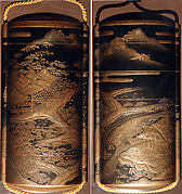 Case (Inrō) with Design of Thatched Farm Buildings in Fields and Mountain Landscape with Cloud Bands