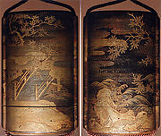 Case (Inrō) with Design of a Diagonal Bridge Seen among Clouds and Maple Branches (obverse); Rocks and Waves beneath Maple Trees and Clouds (reverse)