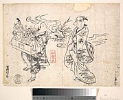 Mizuki Kikusaburo as a Woman Standing near a Small Stream and Looking at a Wandering Puppet-showman Impersonated by Ichimura Takenojo (Later Known as the 8th Ichimura Uzaemon)