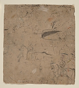 Page from a Sketchbook Showing Rulers on Horseback, Boars, and a Palace Scene