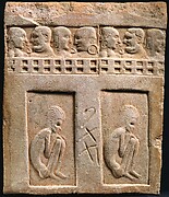 Tile with Impressed Figures of Emaciated Ascetics and Couples Behind Balconies