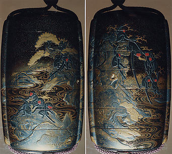 Case (Inrō) with Design of Monkeys Hanging from Trees Above Waves (obverse); Monkeys Seated on Rocks (reverse)