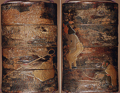 Case (Inrō) with Design of Monkey Trainer and Seated Monkey on Leash (obverse); Bundle, Hat, Sticks and Staff (reverse)