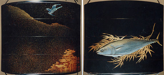 Case (Inrō) with Design of Flying Cuckoo in Flight above Pines (obverse); Bonito (Fish) on Bamboo Leaves (reverse)