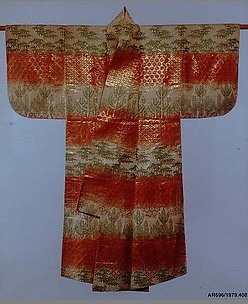 Noh Robe (Karaori) with Pattern of Bamboo and Young Pines on Bands of Red and White