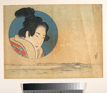 Portrait of a Woman in Large Circle with Landscape Below