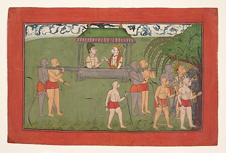 Lakshmana and Sugriva Being Carried by Palanquin to Receive Rama's Blessings