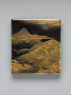 Box for Inkstone and Writing Implements (Suzuri-bako) with Geese against Mount Fuji in Moonlight and (inner lid) with Plovers by the Seashore

