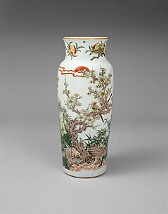 Vase with Bird on Flowering Plum and Setting Sun

