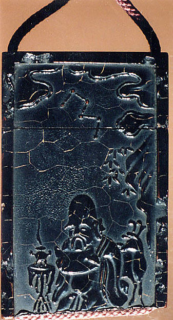 Case (Inrō) in the Shape of an Ink Stick with Design of God of Longevity (Jurōjin), Reading beneath a Star Constellation (obverse);Twelve-Character Inscription (reverse)