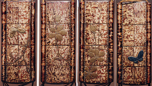 Case (Inrō) in the Shape of Tiered Picnic Box of Cherry Bark with Cherry Blossoms and Butterfly