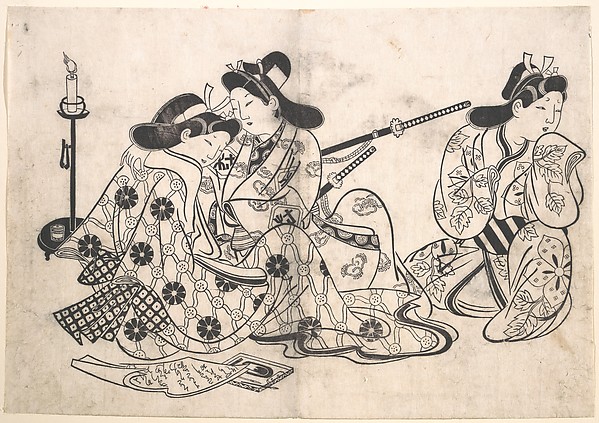 杉村治兵衛: Samurai and Courtesan Seated; A Servant Beside