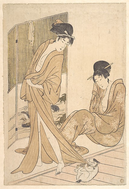 喜多川歌麿: Two Young Women Wrapped in Yukata After a Bath