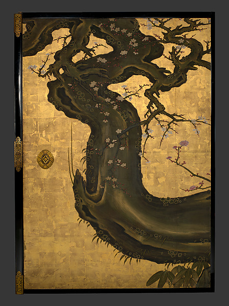 The Old Plum, Japanese door panels by Kano Sansetsu, Edo period, circa 1645, gilded paper.