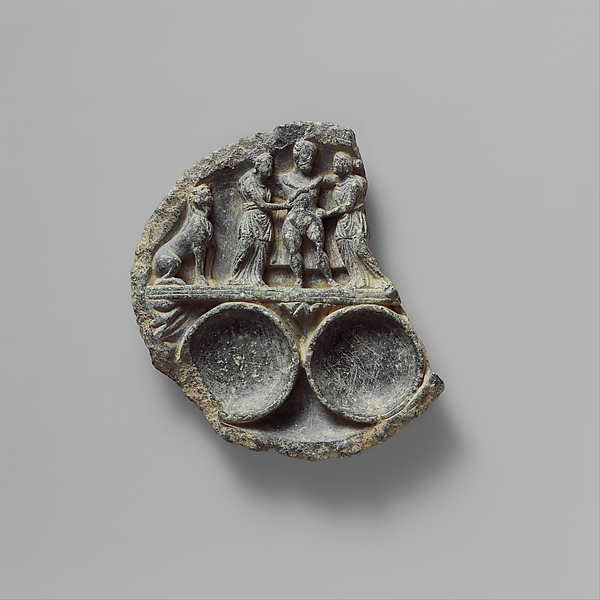Dish with the Drunken Hercules Supported by Two Women and Flanked by a Lion