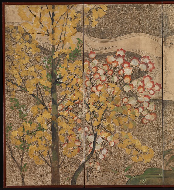 Autumn Trees and Grasses by a Stream