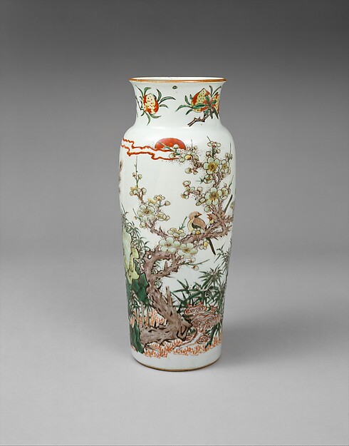 Vase with Bird on Flowering Plum and Setting Sun

