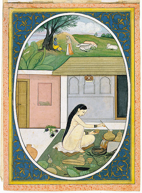 Radha Preparing Food while Krishna has a Dalliance with a Gopi: Folio from a Bihari Satsai Series

