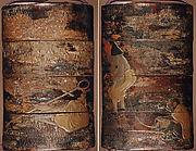 Case (Inrō) with Design of Monkey Trainer and Seated Monkey on Leash (obverse); Bundle, Hat, Sticks and Staff (reverse)