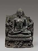 Seated Buddha Reaching Enlightenment, Flanked by Avalokitesvara and Maitreya
